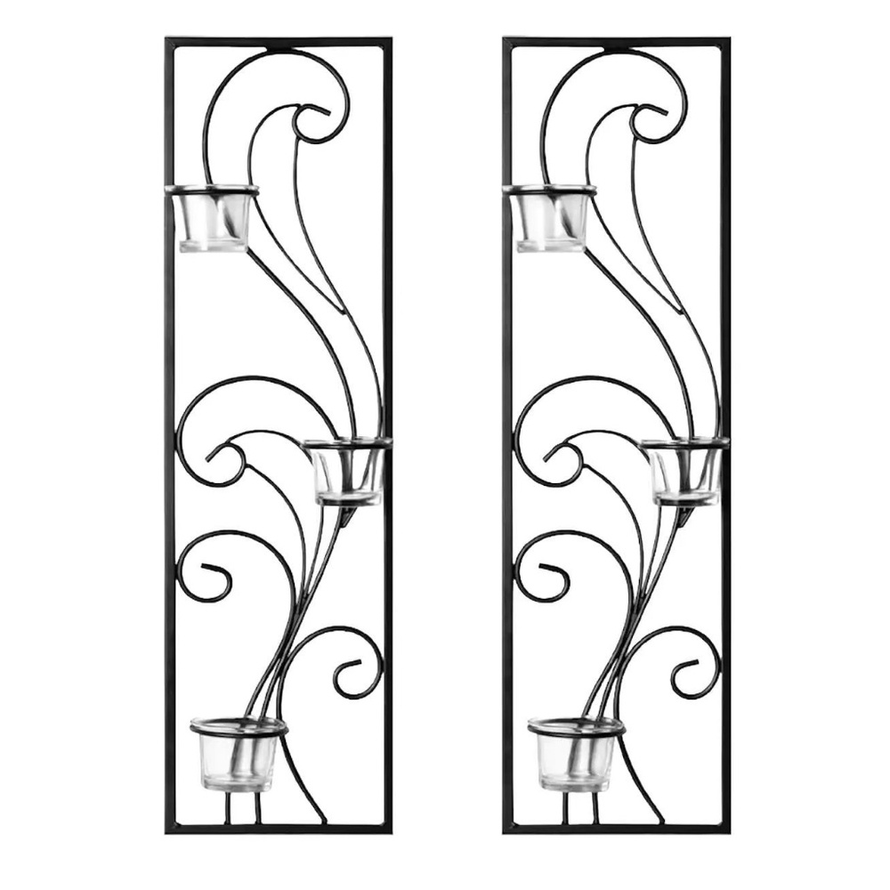 Elements 22" Black Metal Swirl Sconces with 3 Glass Tea Light Holders (Set of 2)